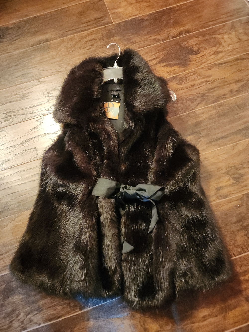 Steve Madden Dark Brown Faux Fur Hooded Vest with Satin Tie